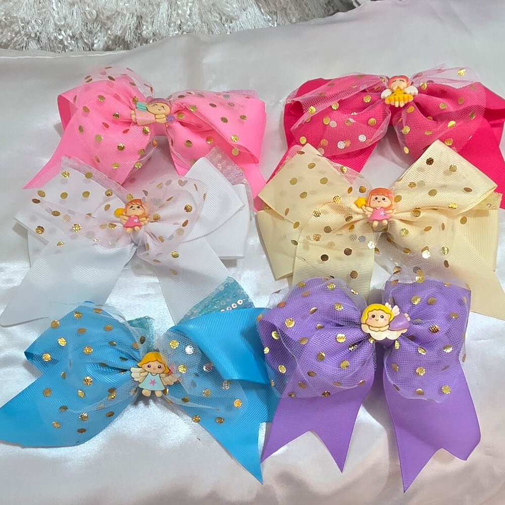 Set of 6 Princess Hair Bows ✨ Cute Girls Ribbon Clips Gold Polka Dot Tulle